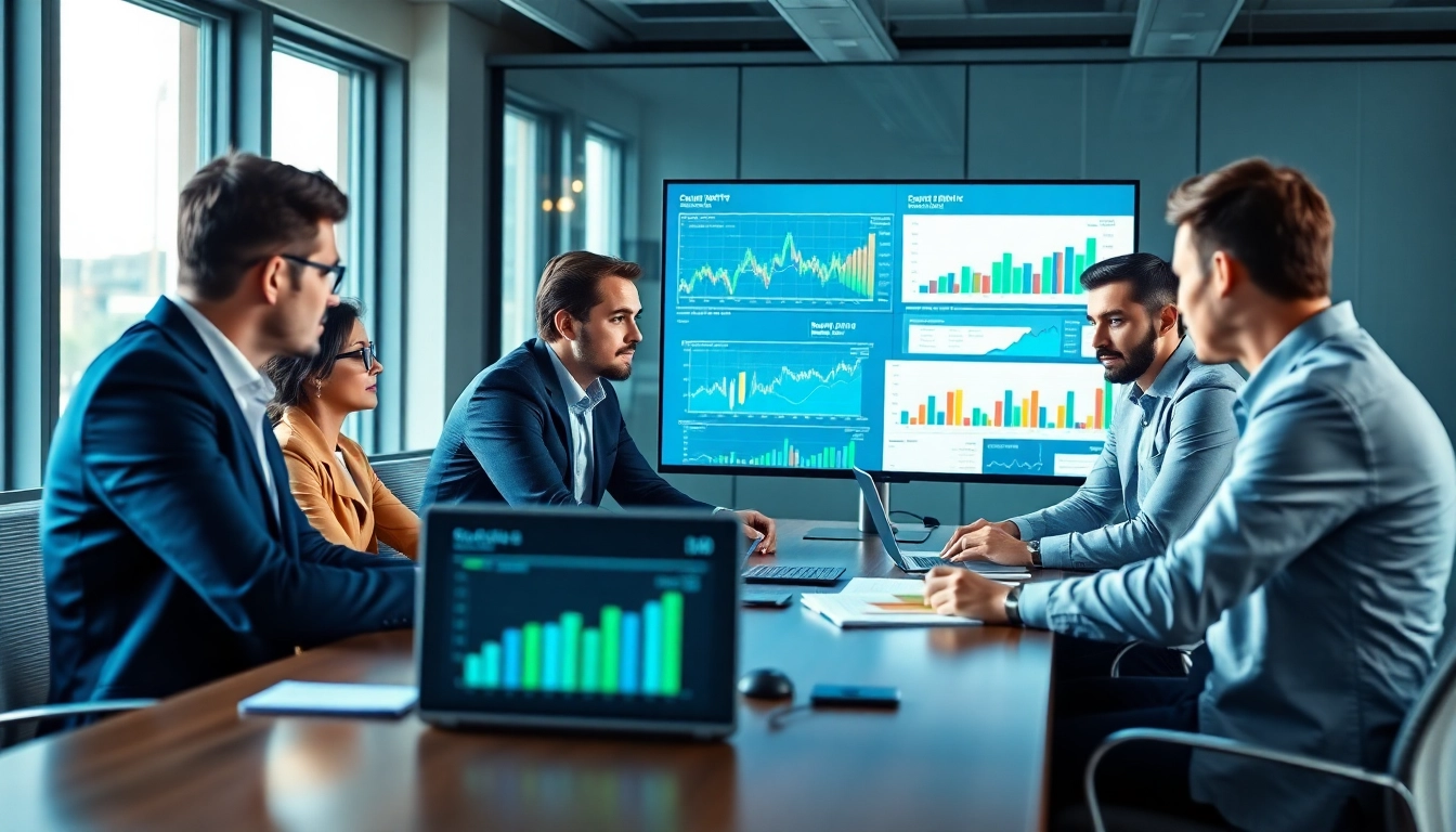 Business professionals discussing competitor pricing strategy in a modern office setting.