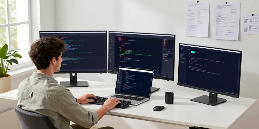 Developer using Notepad++ in a modern workspace with dual monitors.