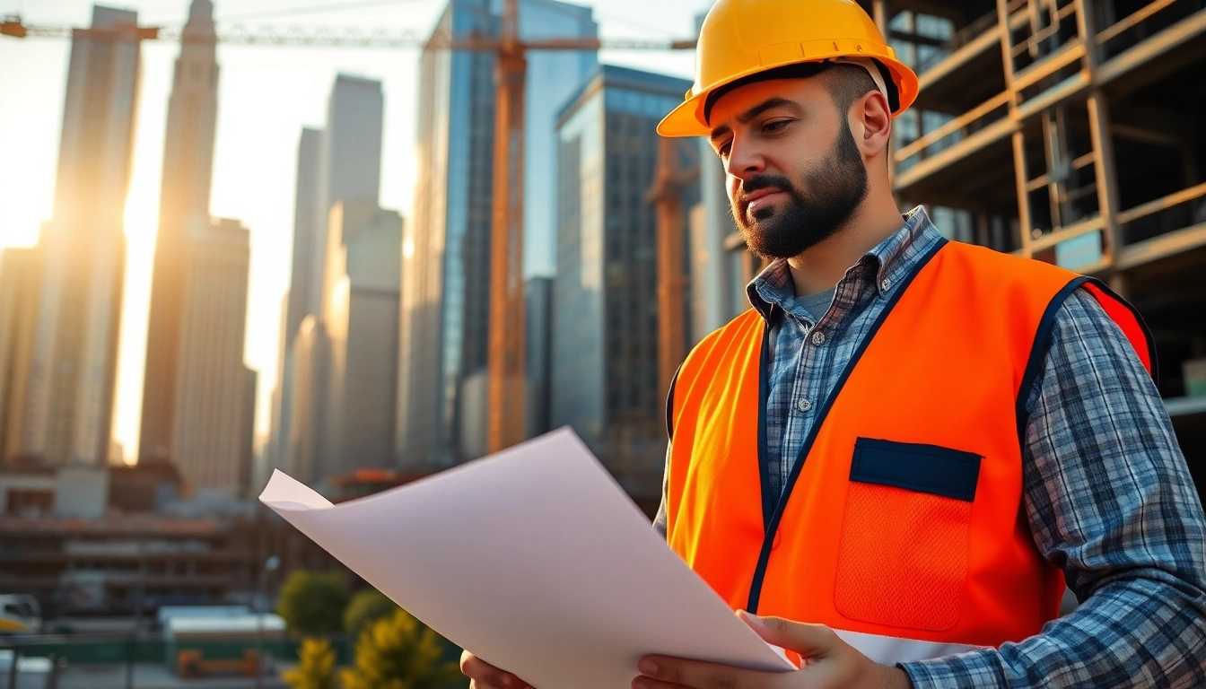 New York City General Contractor analyzing blueprints on an urban construction site.