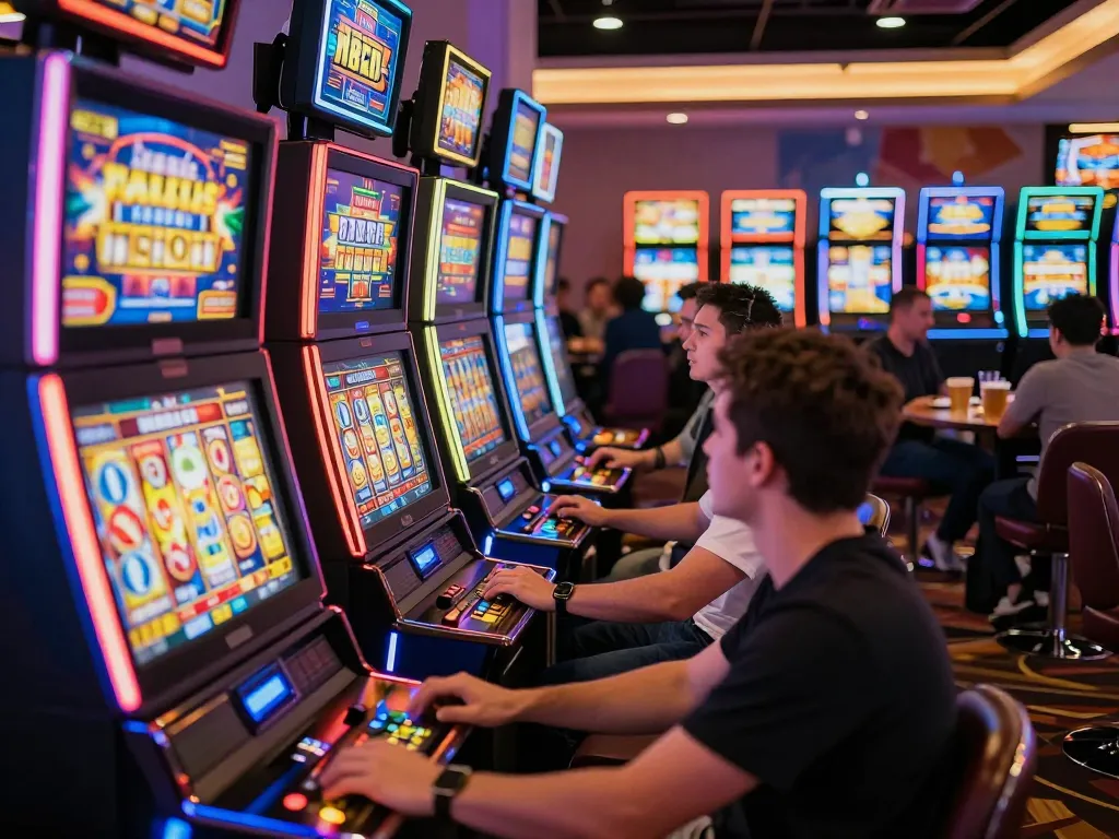 Players enjoying slot 10k machines with vibrant lights and engaging atmosphere at a casino.