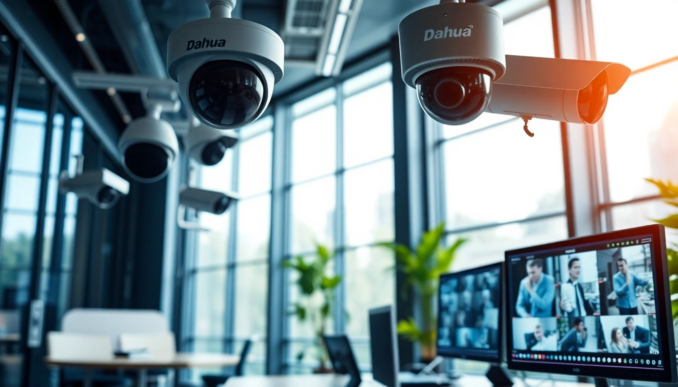 Cámaras Dahua instaladas en una oficina moderna, que muestran tecnología de seguridad avanzada.