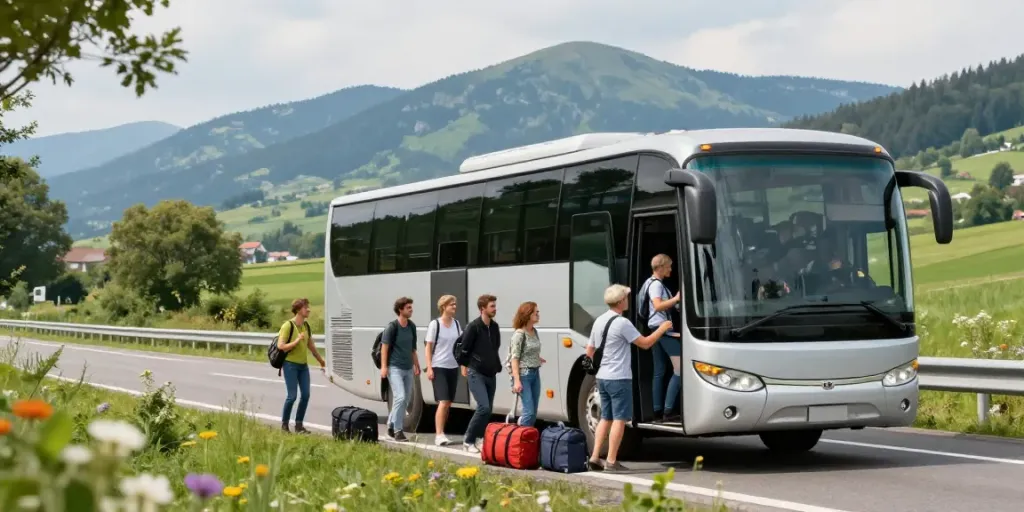 Livrare colete Moldova Europa cu autobuz modern și pasageri entuziasmați pe drum spre Europa.