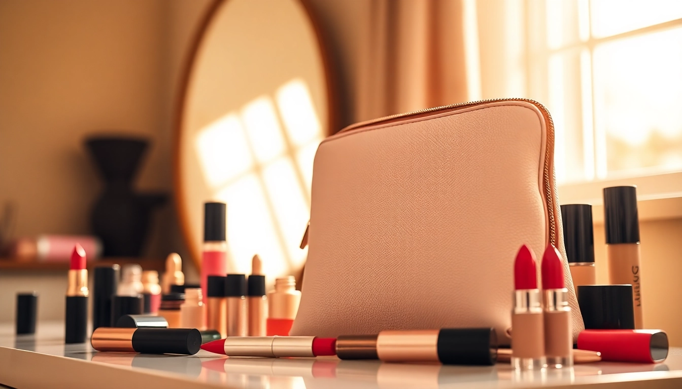 Showcase the skone cosmetics signature makeup bag alongside vibrant makeup essentials.