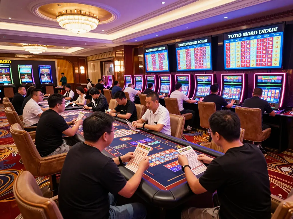 Area permainan Toto Macau dengan pemain yang antusias memeriksa hasil dalam suasana kasino yang hidup.