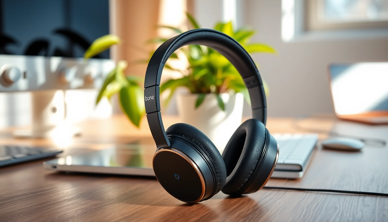 Showcase the Bone X2 Bone Conduction Headphones on a desk, emphasizing their sleek design and comfort.