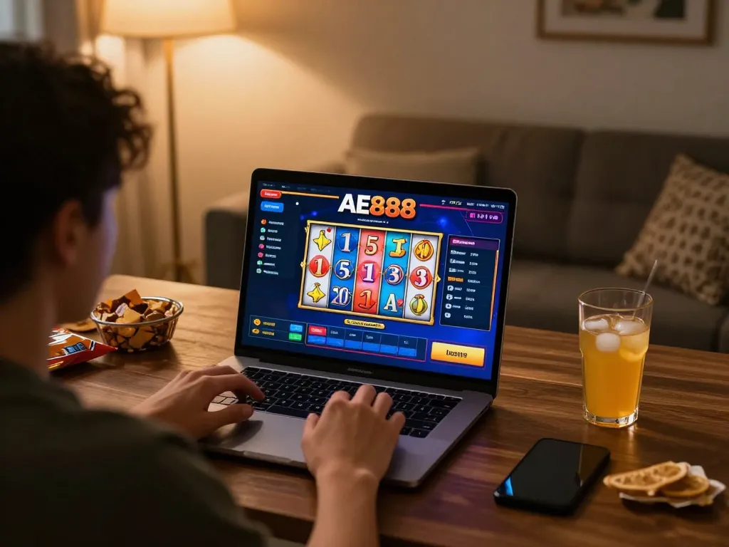 Playing on AE888 online casino platform with spinning reels in a cozy home office setup
