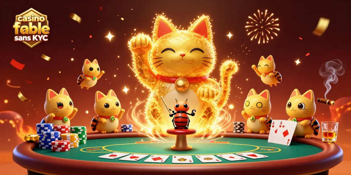 Découvrez le casino fiable sans KYC à travers une illustration animée riche en éléments de jeu et d'énergie.