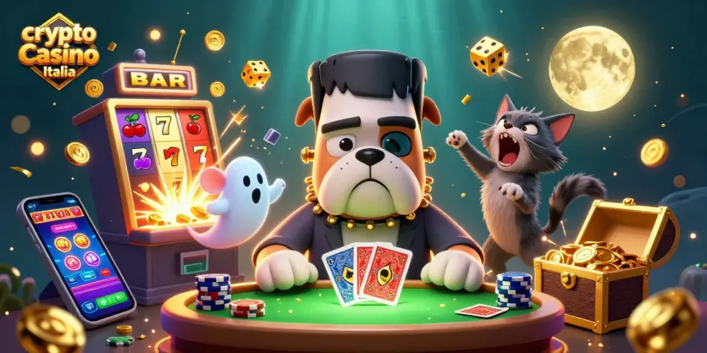 Giocare in un crypto casino Italia con un cane Frankenstein e una gattina lupo in azione.