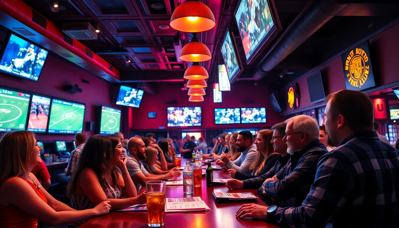 Engaged fans exploring online sportsbooks South Carolina in a lively sports bar setting.