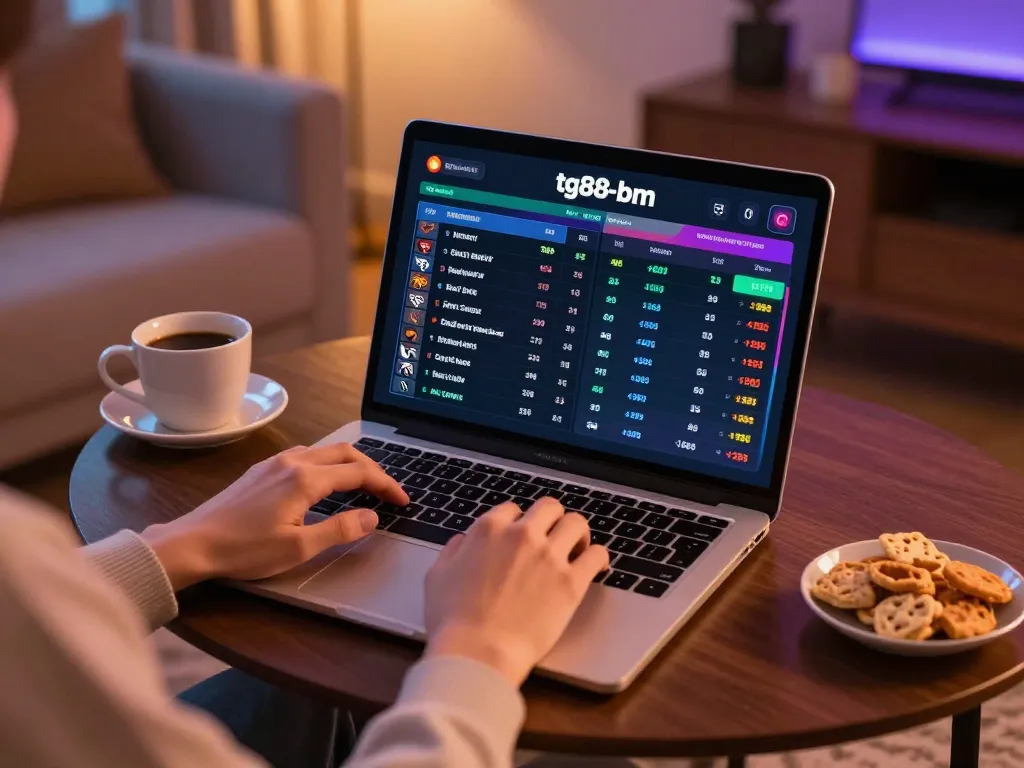 Engaging in sports betting on tg88-bm with odds displayed on a laptop screen in a cozy home setting.