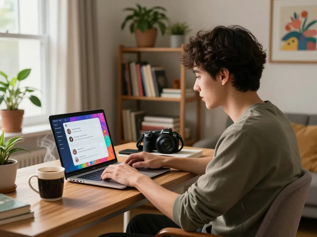 Interactive scene of a user chatting with an AI slut assistant, cozy home office setting.