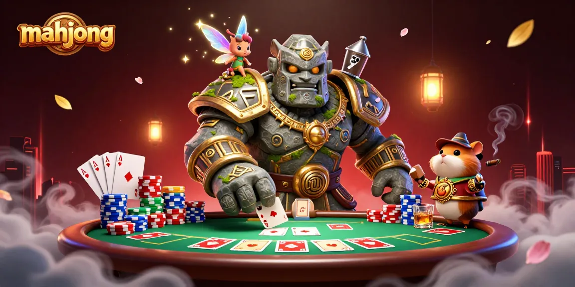 Engage in luxurious mahjong gameplay with a mystical golem and fairy in a vibrant casino.