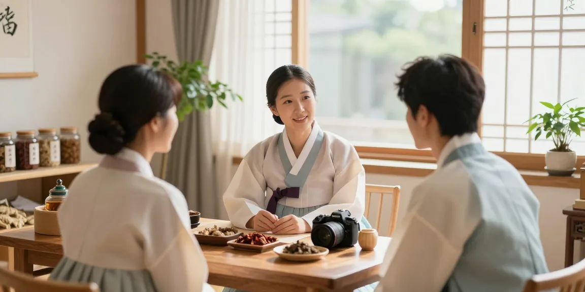 Consultation at 수원한의원 showcasing holistic healing atmosphere with herbal remedies.