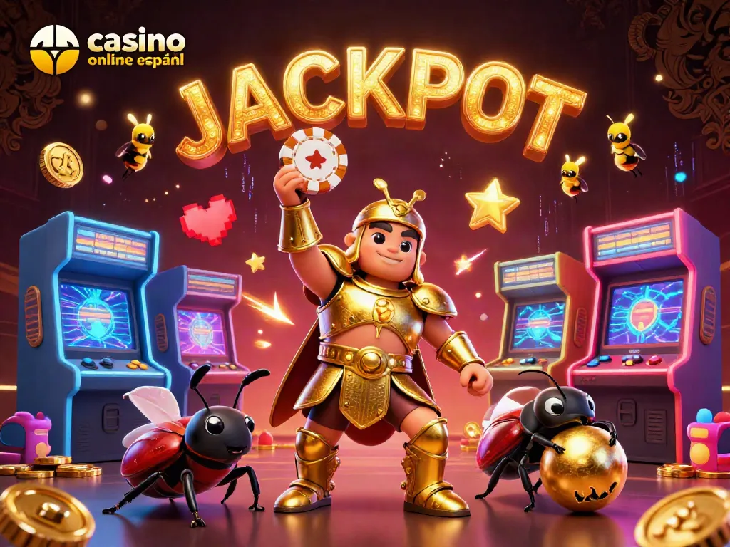 Disfruta de emocionantes juegos en un casino online español mientras el escarabajo en armadura celebra el JACKPOT.