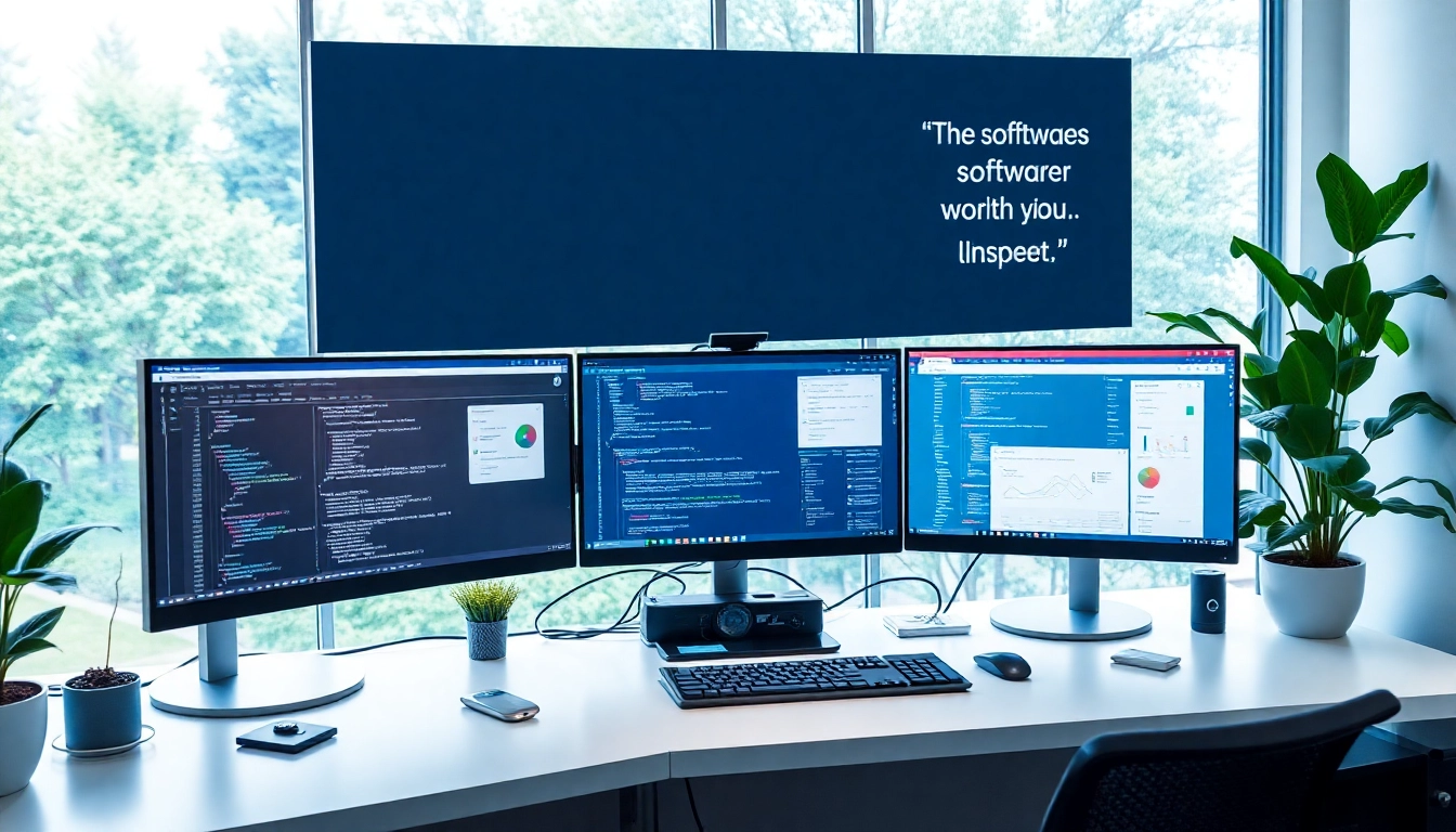 Software engineering workspace with multiple monitors and coding interfaces.