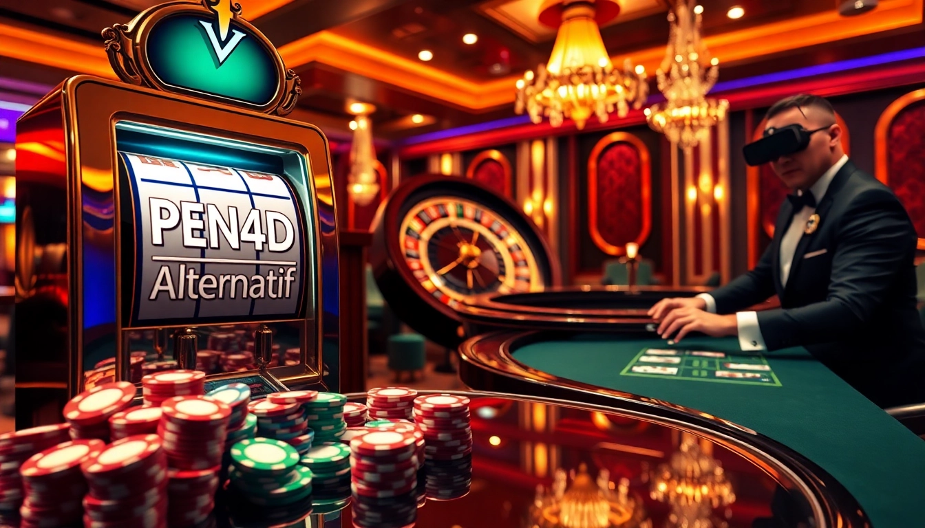 PEN4D alternatif slot machine surrounded by vibrant poker chips and a roulette wheel, depicting a luxurious casino environment.