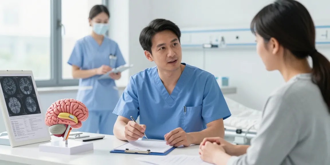 Beyin ameliyatı consultation scene featuring a patient and neurosurgeon discussing the surgical process in a bright hospital room.