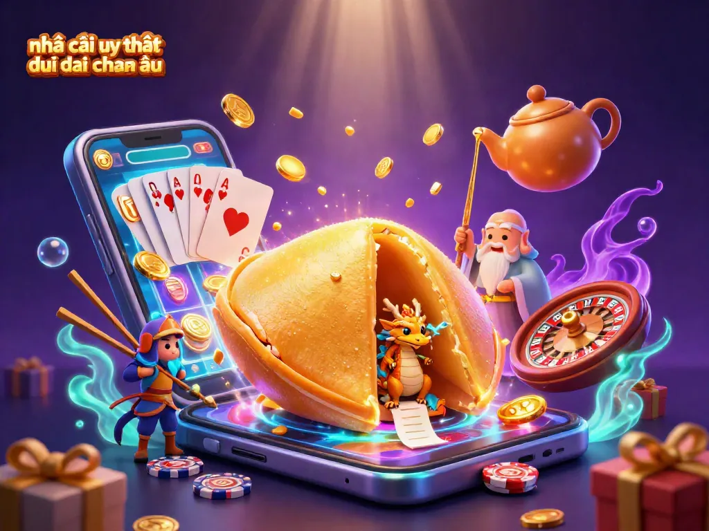 Các ký hiệu đặc trưng của nhà cái uy tín đến từ châu âu lấp lánh giữa bối cảnh casino 3D sống động.