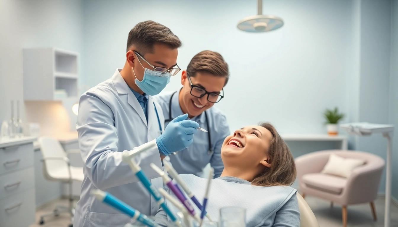 Orthodontics consultation with a professional examining a patient in a modern dental office.