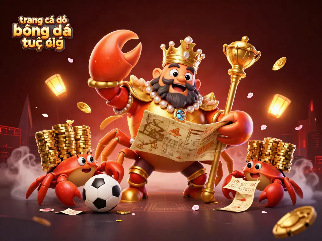 Khám phá trang cá độ bóng đá trực tiếp với hoàng đế cua vàng mang theo bản đồ kho báu, giữa các yếu tố thể thao đầy màu sắc.