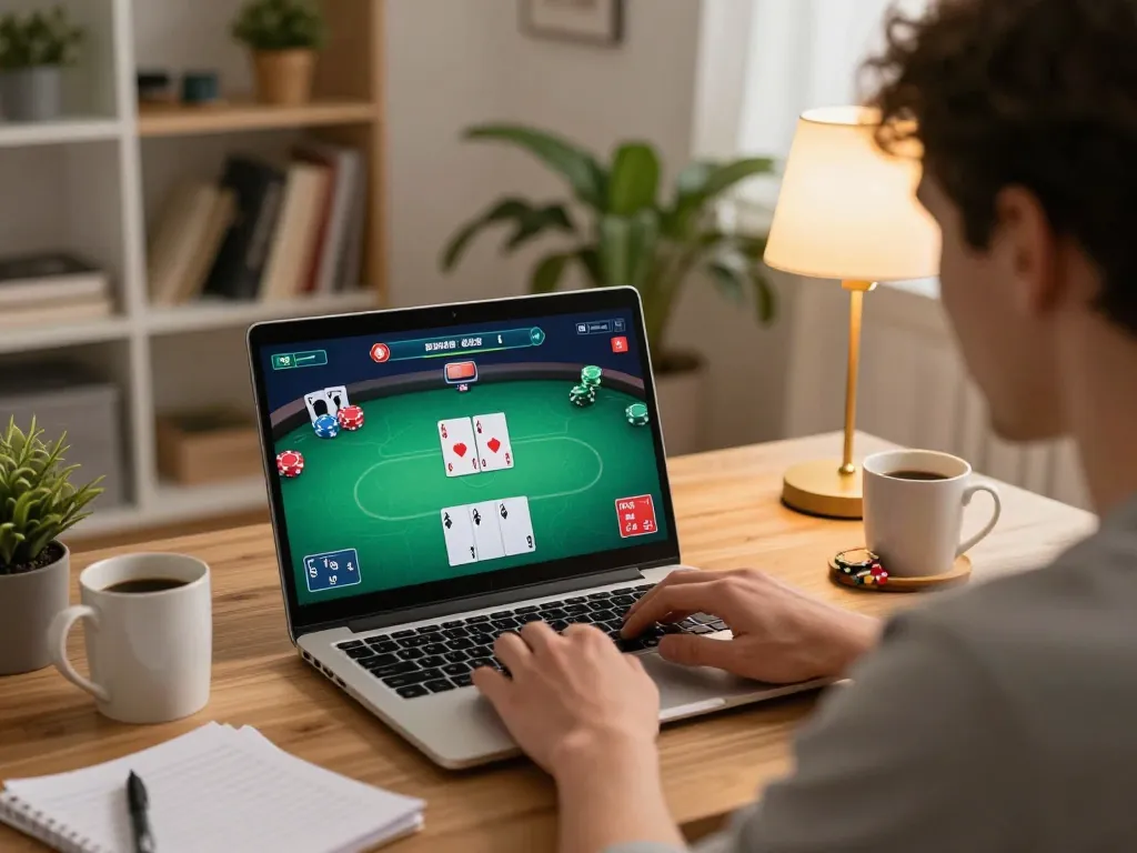 Player enjoying kubet online poker game at home, showcasing strategic gameplay and cozy atmosphere.