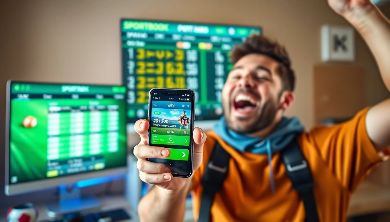 Celebrating sports fan with mobile bet on online sportsbooks Georgia in a vibrant setting.