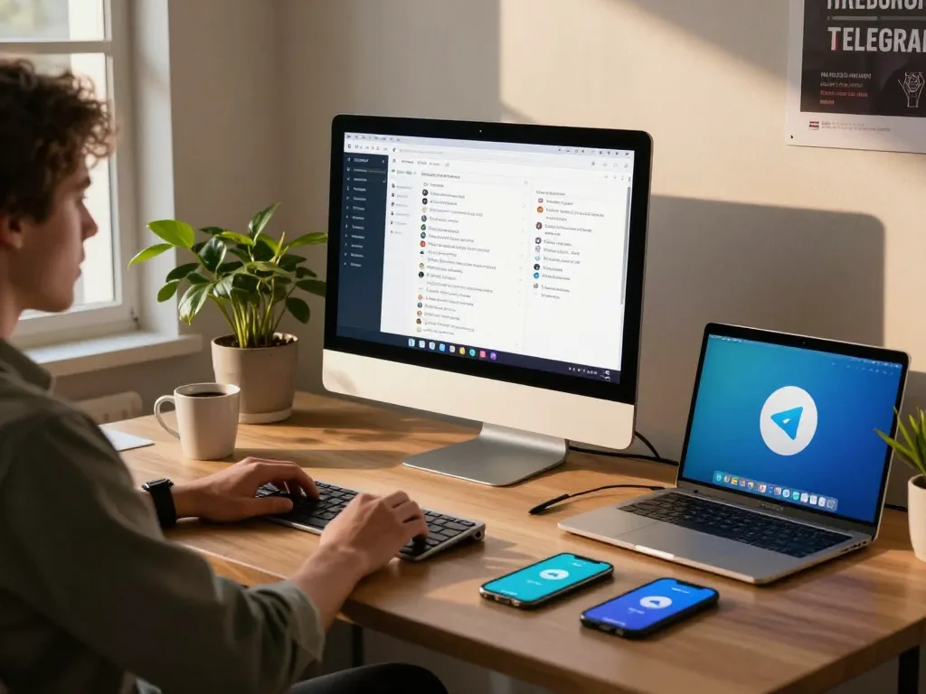 Efficient workspace showcasing telegram 下载 on multiple devices with a cozy atmosphere.