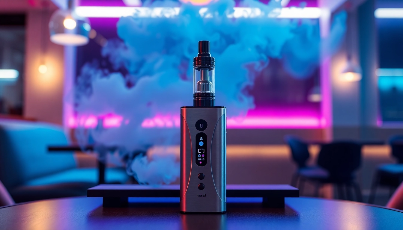 Vozol Vape-Gerät auf einem eleganten Tisch mit lebhaften Dampfwolken im Hintergrund.
