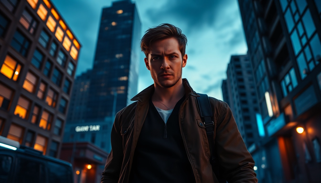 "Hero confronting challenges in urban landscape – reminiscent of Like Reacher."