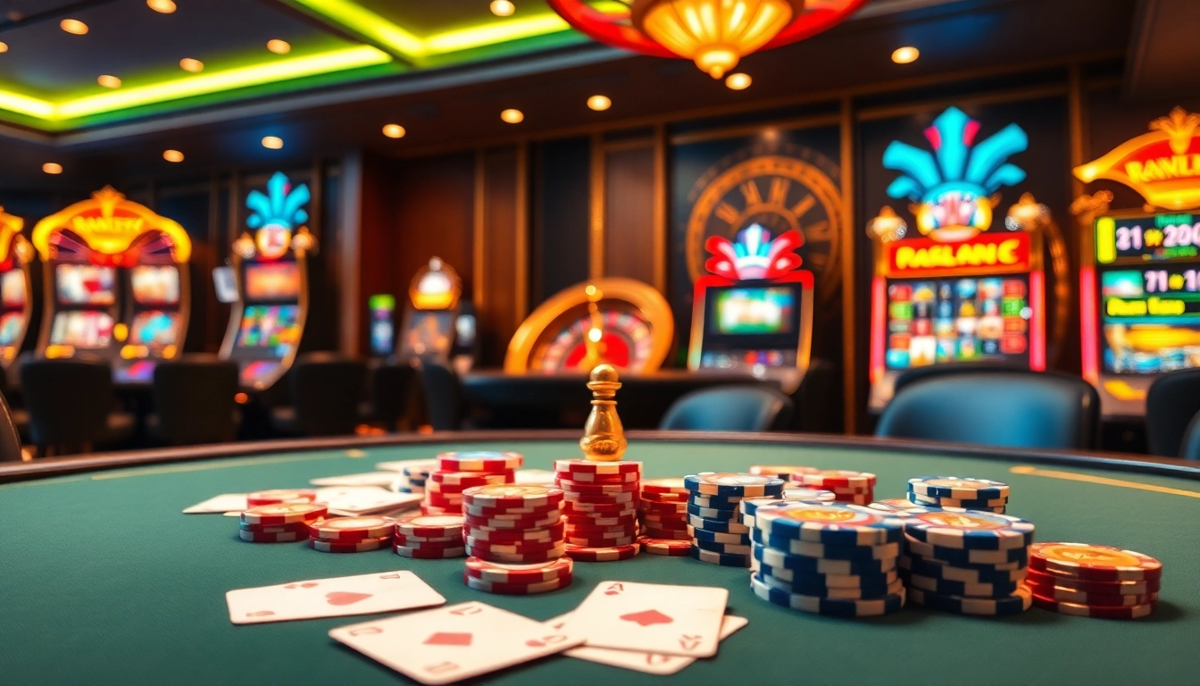 Experience thrill at Daftar Modal138 with luxurious casino gameplay featuring poker chips and roulette wheels.