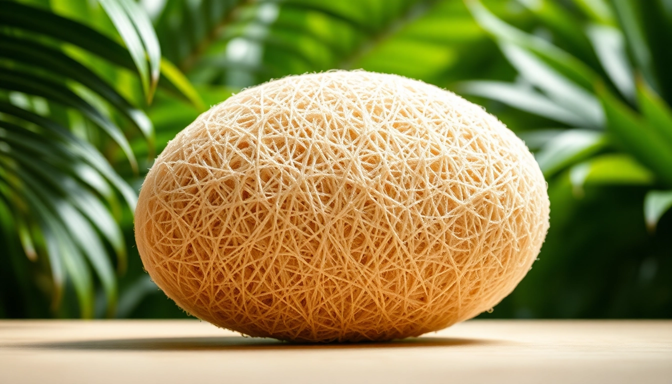 Experience the natural texture and benefits of the raw loofah sponge featured in a lush setting.