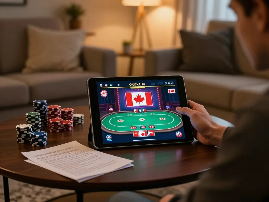 Player enjoying online casinos in Canada reddit while strategizing in a cozy living room.