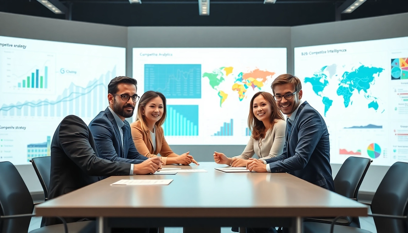 Engaged business professionals analyzing b2b competitive intelligence in a tech-driven discussion.