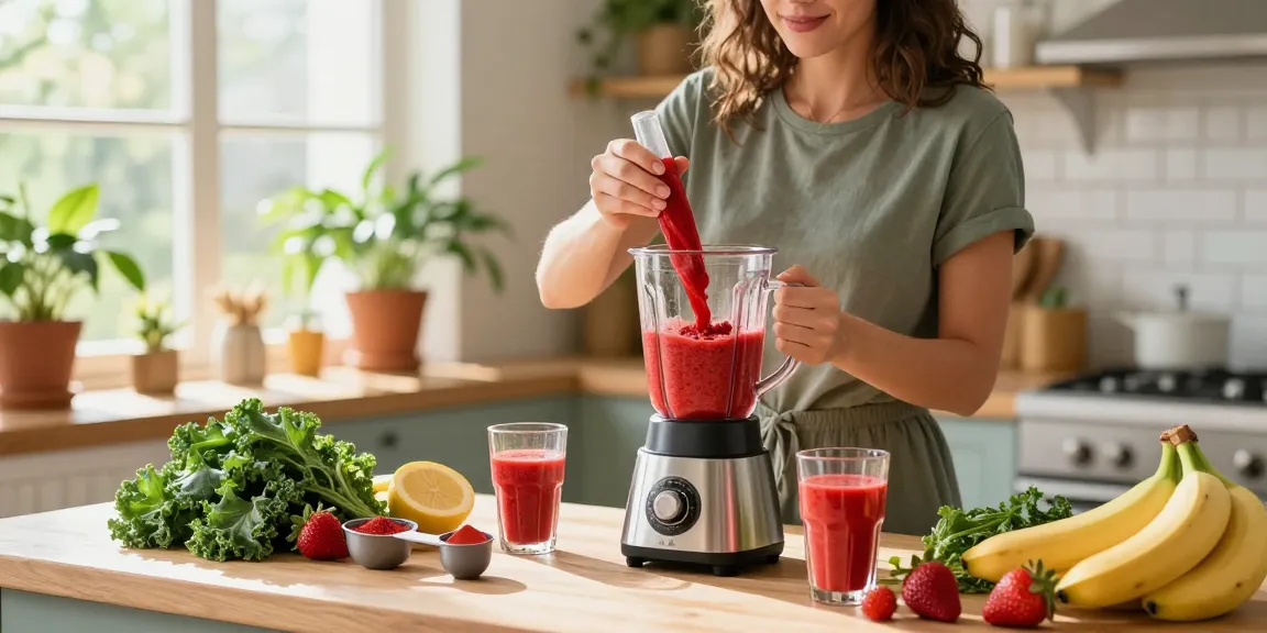 Mixing a vegan astaxanthin supplement smoothie in a bright kitchen