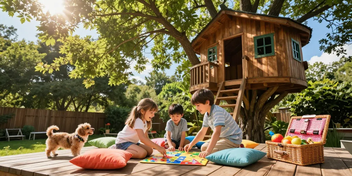 Family enjoying treehouses in a sunny backyard environment with games and snacks.