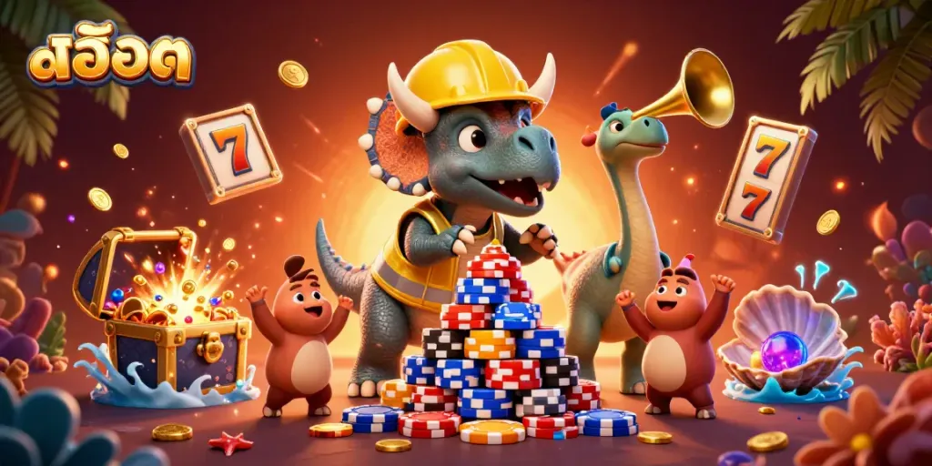 Engaging 3D scene featuring สล็อต themes with dinosaurs celebrating a jackpot with poker chips and vibrant casino elements.