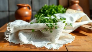 Kaasdoek op een houten tafel met verse kruiden en kaas, perfect voor presentatie.