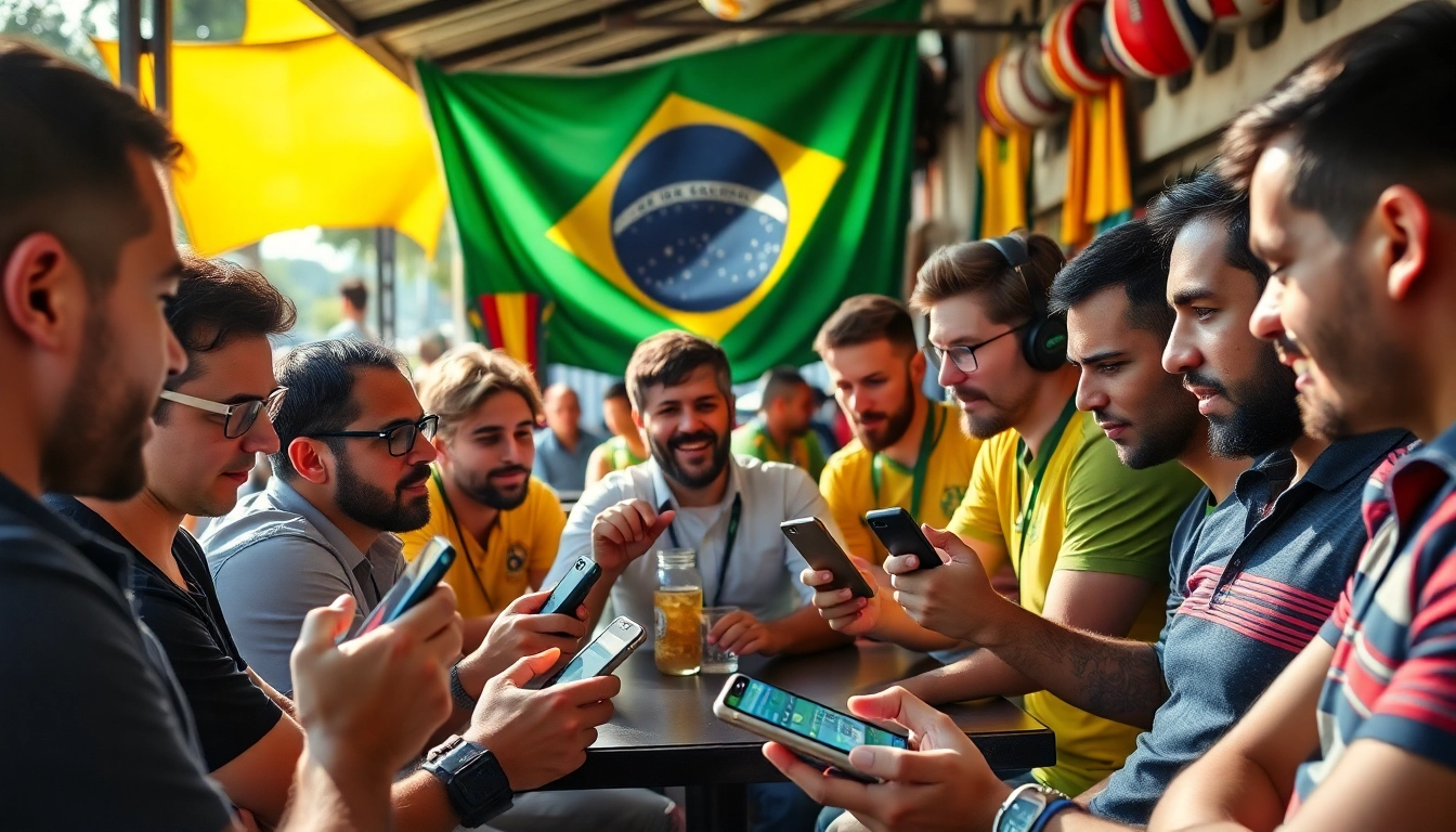 Engaged bettors discussing the best sports betting sites Brazil at a lively outdoor café.