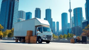 Efficient Toronto moving services demonstrated with professional movers and a moving truck in the bustling urban setting.