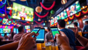 Bet bettors enjoying the best sportsbooks in Mexico on their mobile devices at a vibrant sports bar.