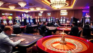 A bustling casino environment showcasing KJC AC with players at tables, vibrant slot machines, and a spinning roulette, reflecting the excitement of gambling.