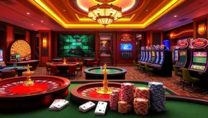 Exciting casino vibe with slot machines and poker tables at KJC AC.