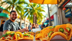 Enjoying the best tacos in Cabo from a vibrant taco stand, showcasing fresh ingredients.