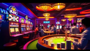 KJC AC vibrant casino scene with poker chips and slot machines