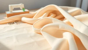 Mousseline stof mooi draped over een houten tafel met zacht licht en creatieve props.