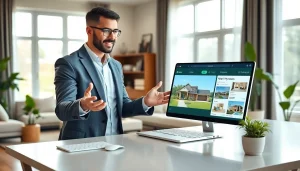 Showcase a real estate agent engaging customers in a vibrant home office.