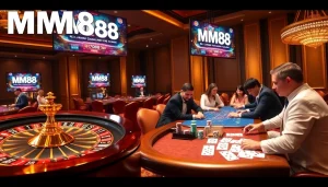 Engaged players enjoying MM88 casino gaming at a vibrant roulette table.