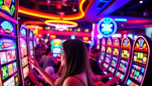 Permainan istana777 bet di kasino yang ramai dengan pencahayaan cerah dan mesin slot berwarna-warni.