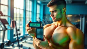 Calculate body fat percentage calculator with athlete in a fitness-focused gym environment.