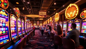 Exciting online gaming atmosphere featuring hoki138 pro with vibrant slot machines and players celebrating wins.